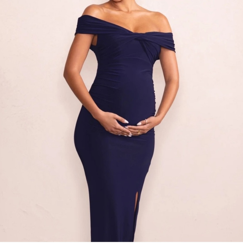 Maternity Elegant Off-Shoulder Navy Blue Dress